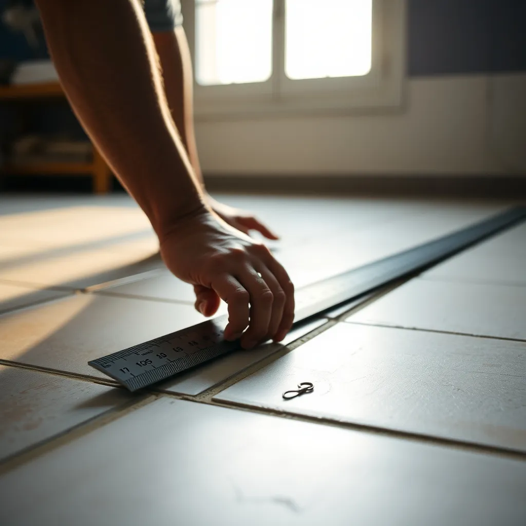 Contrôle de planéité à la règle de 2 mètres sur un ancien carrelage avant décision de ragréage