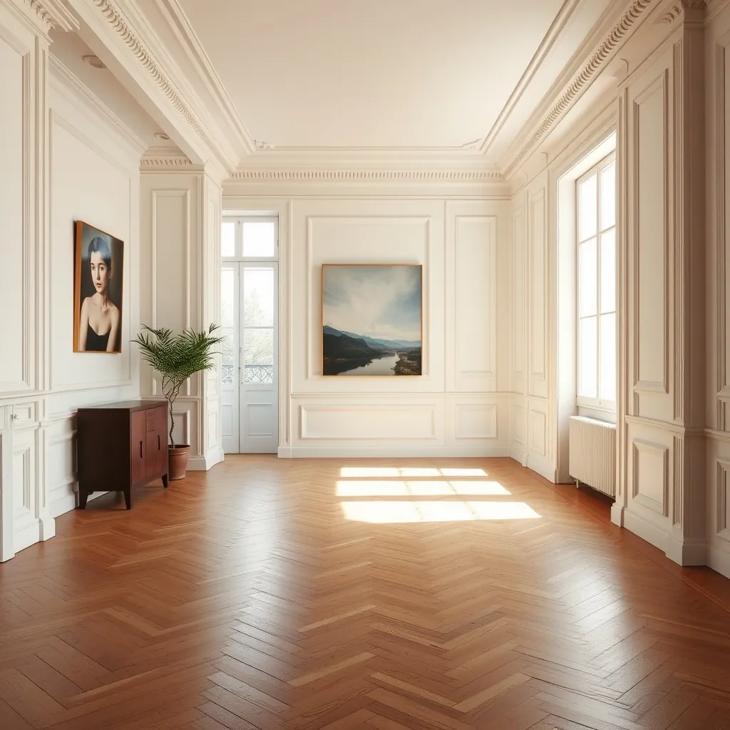 Résultat final d'une rénovation complète : parquet en point de Hongrie restauré et moulures reprises à neuf