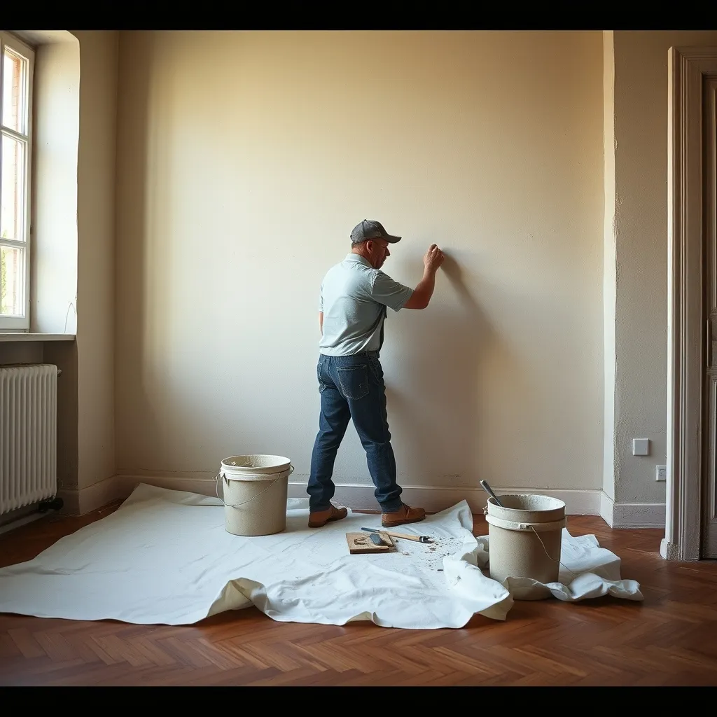 Artisan peintre décorateur appliquant un badigeon à la chaux sur un mur en tuffeau à Angers