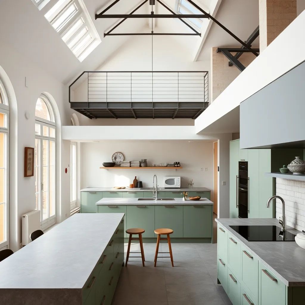 Cuisine ouverte dans un ancien canut de la Croix-Rousse rénové avec mezzanine industrielle