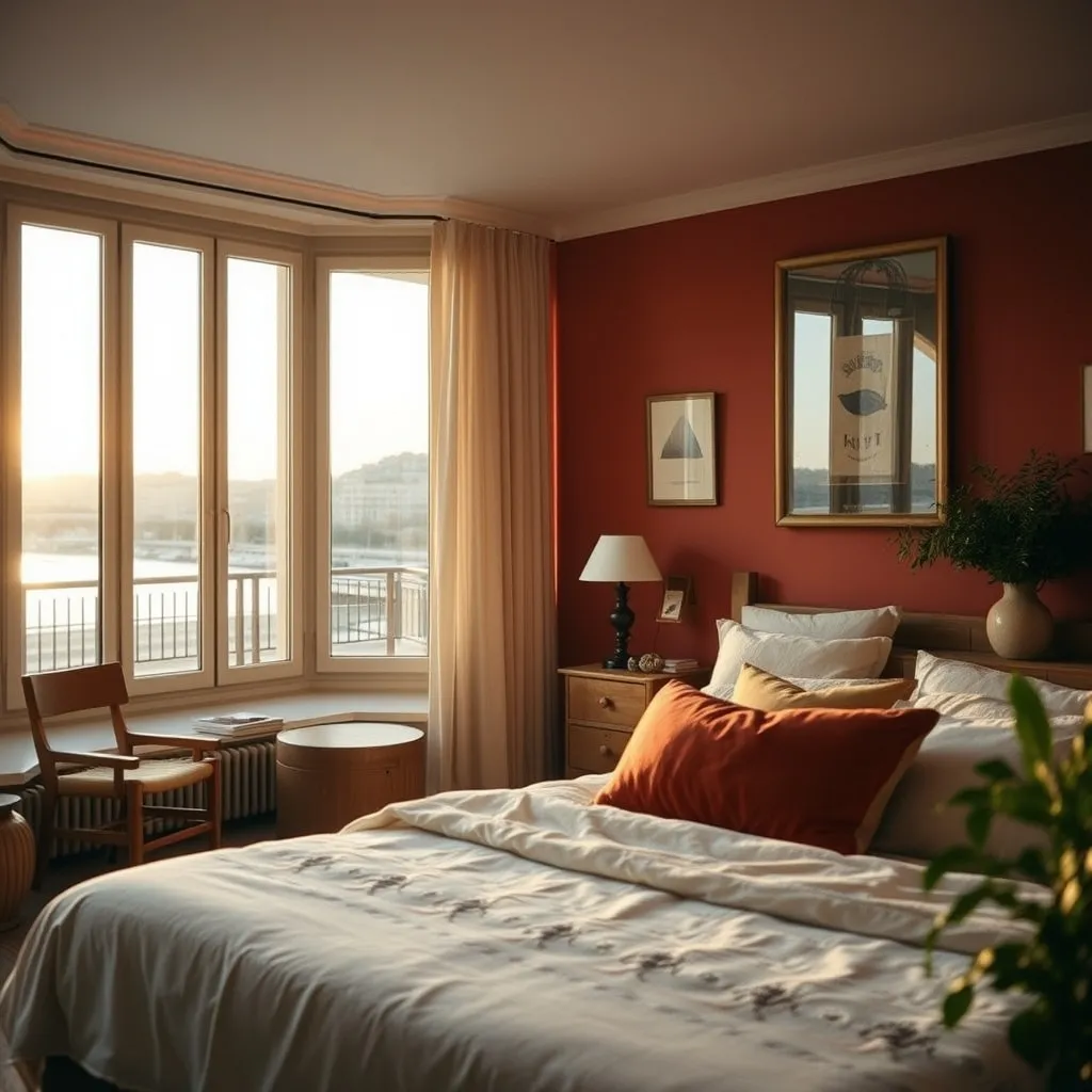 Chambre parentale aux tons terracotta dans un appartement lyonnais avec vue sur la Saône