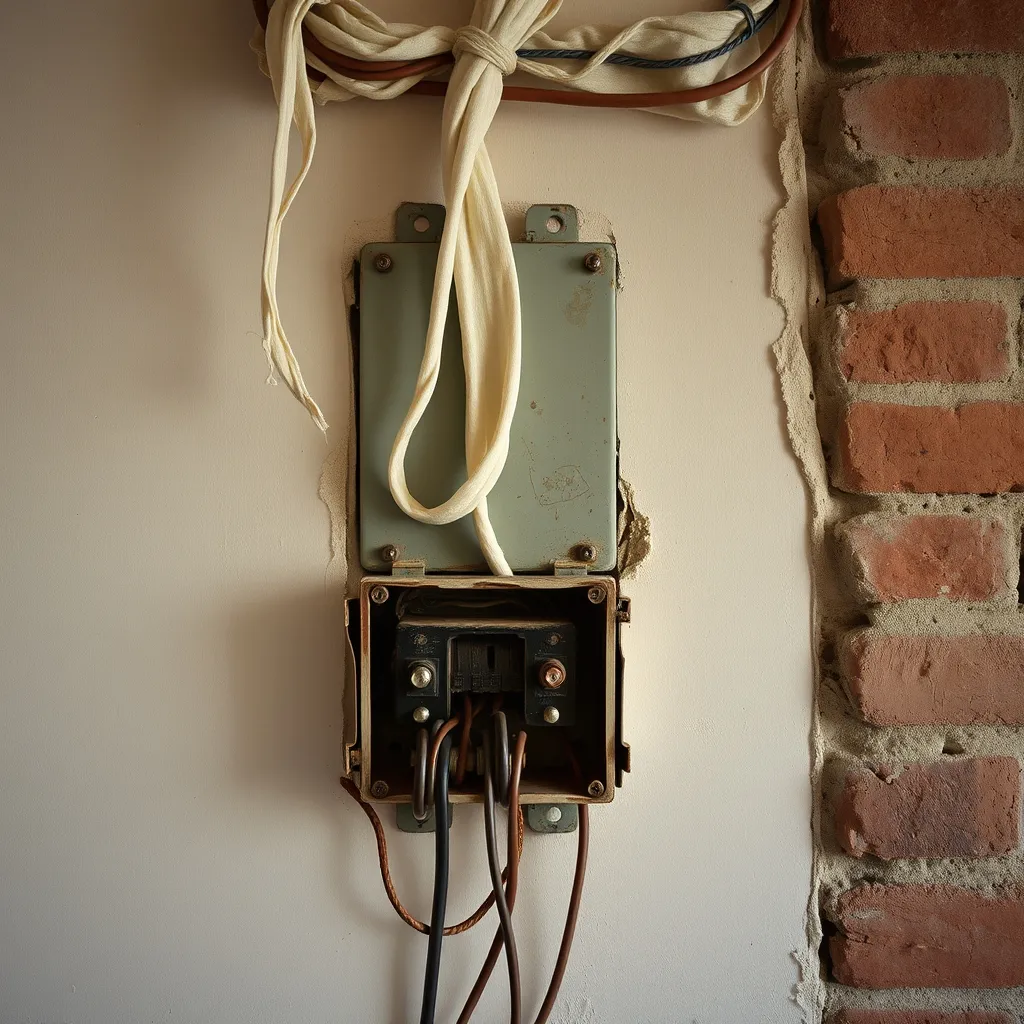 Fils électriques en textile gainé et boîte de dérivation oxydée découverts lors d'une rénovation