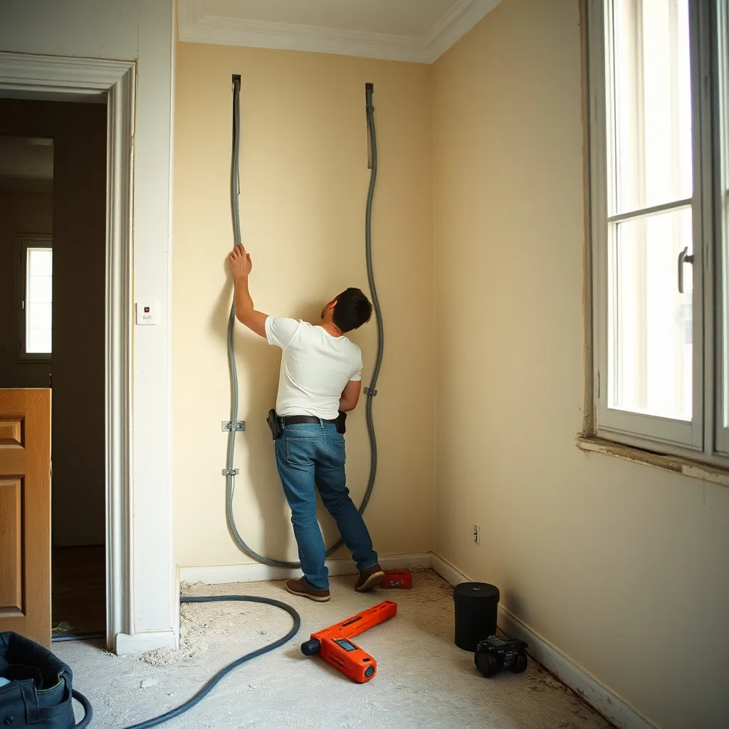 Passage de gaines ICTA dans les saignées murales d'un appartement en cours de rénovation électrique