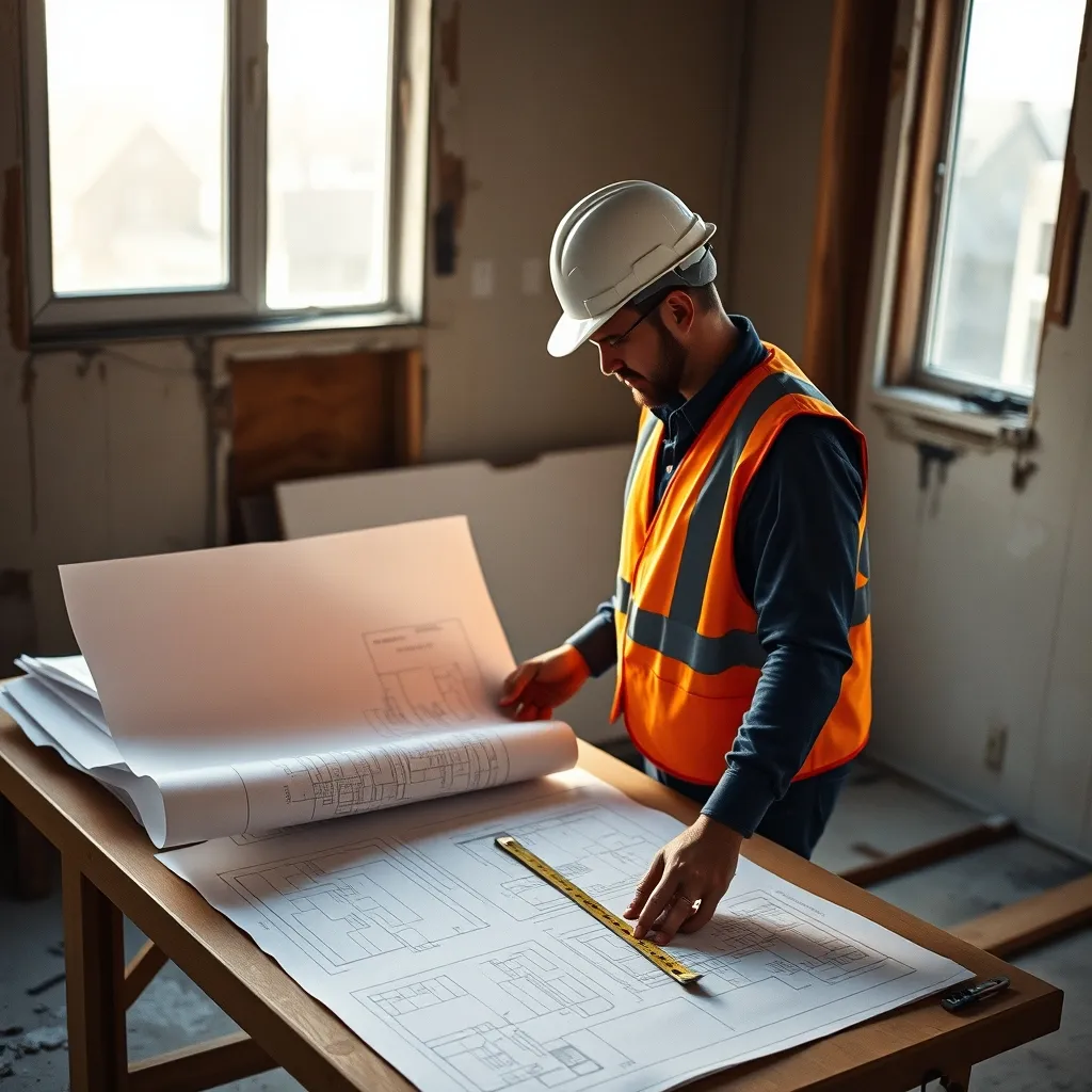 Conducteur de travaux vérifiant les plans sur un chantier de rénovation intérieure