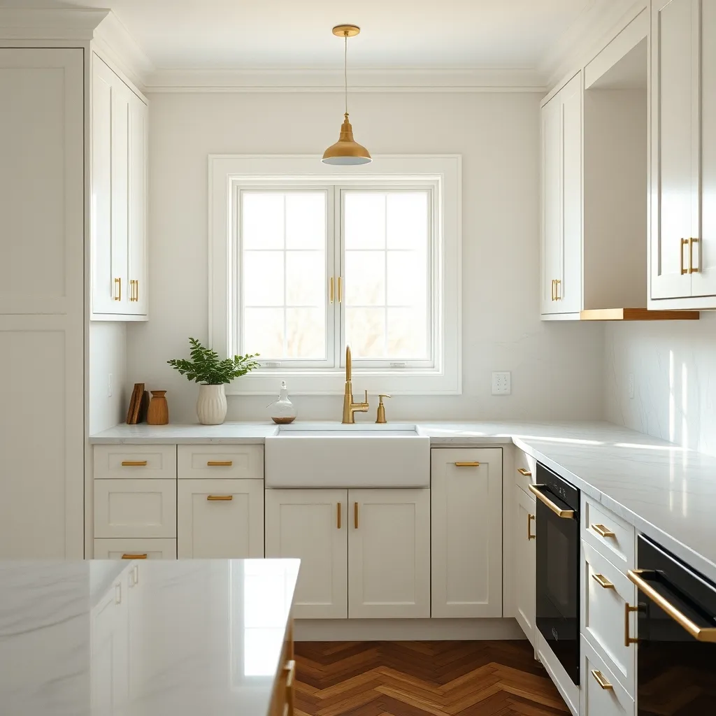 Cuisine entièrement rénovée avec plan de travail en marbre et parquet point de Hongrie