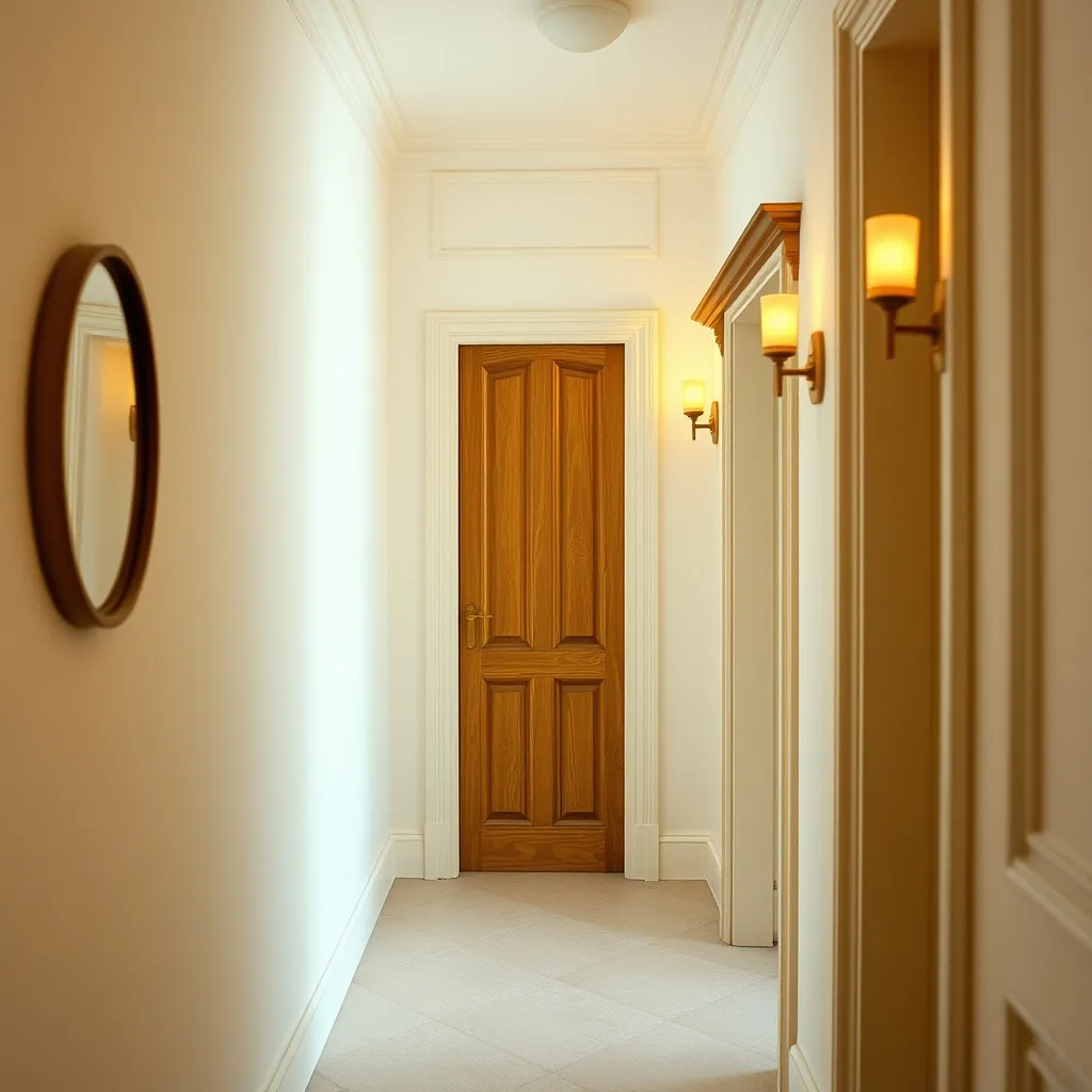 Entrée haussmannienne après transformation feng shui avec miroir latéral et éclairage chaud