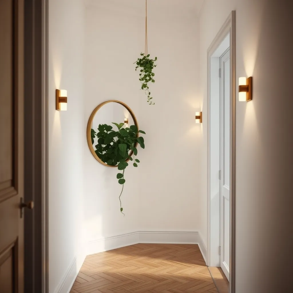 Couloir d'entrée parisien avec miroir en laiton et pothos suspendu