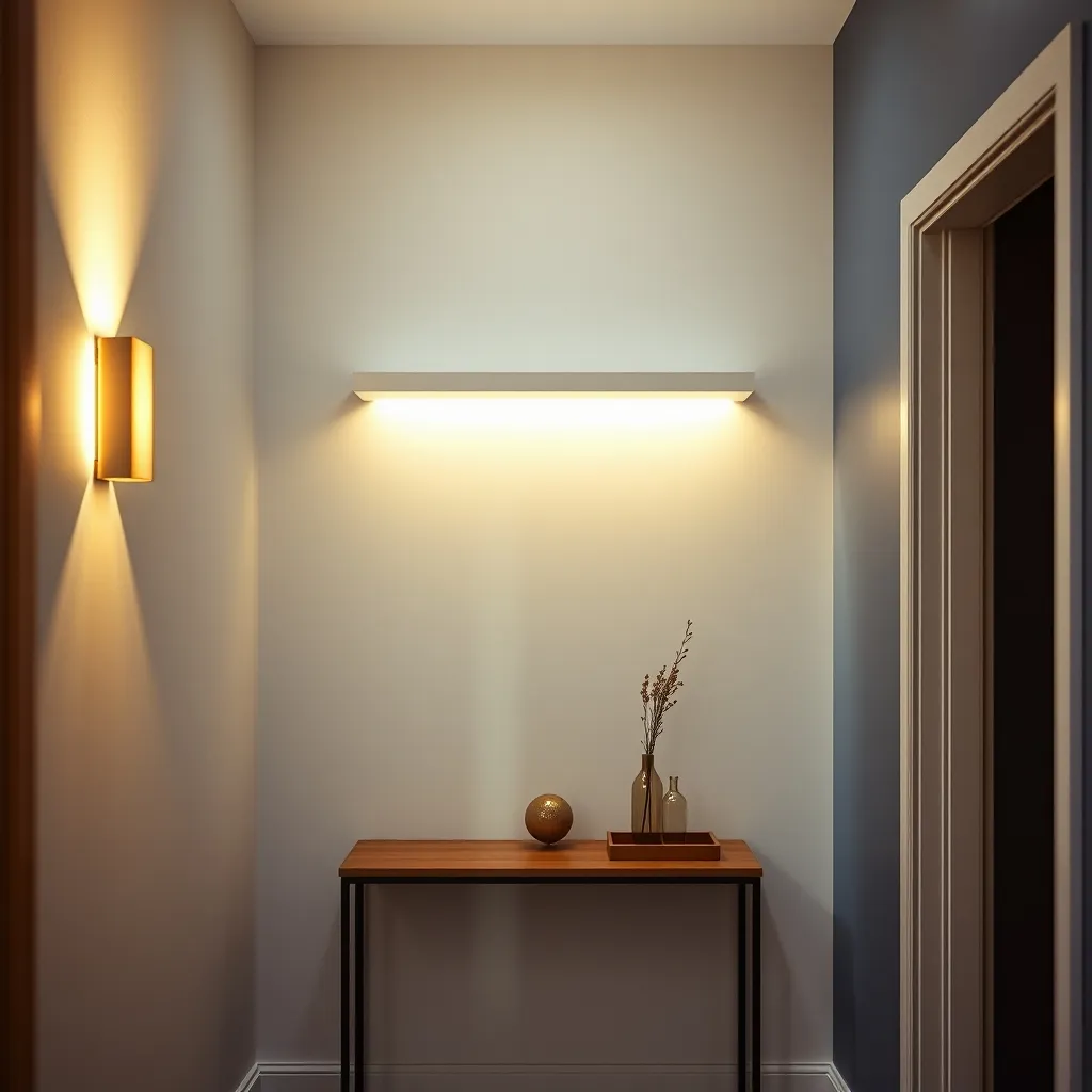 Éclairage indirect par appliques murales et bandeau LED dans un hall d'entrée étroit