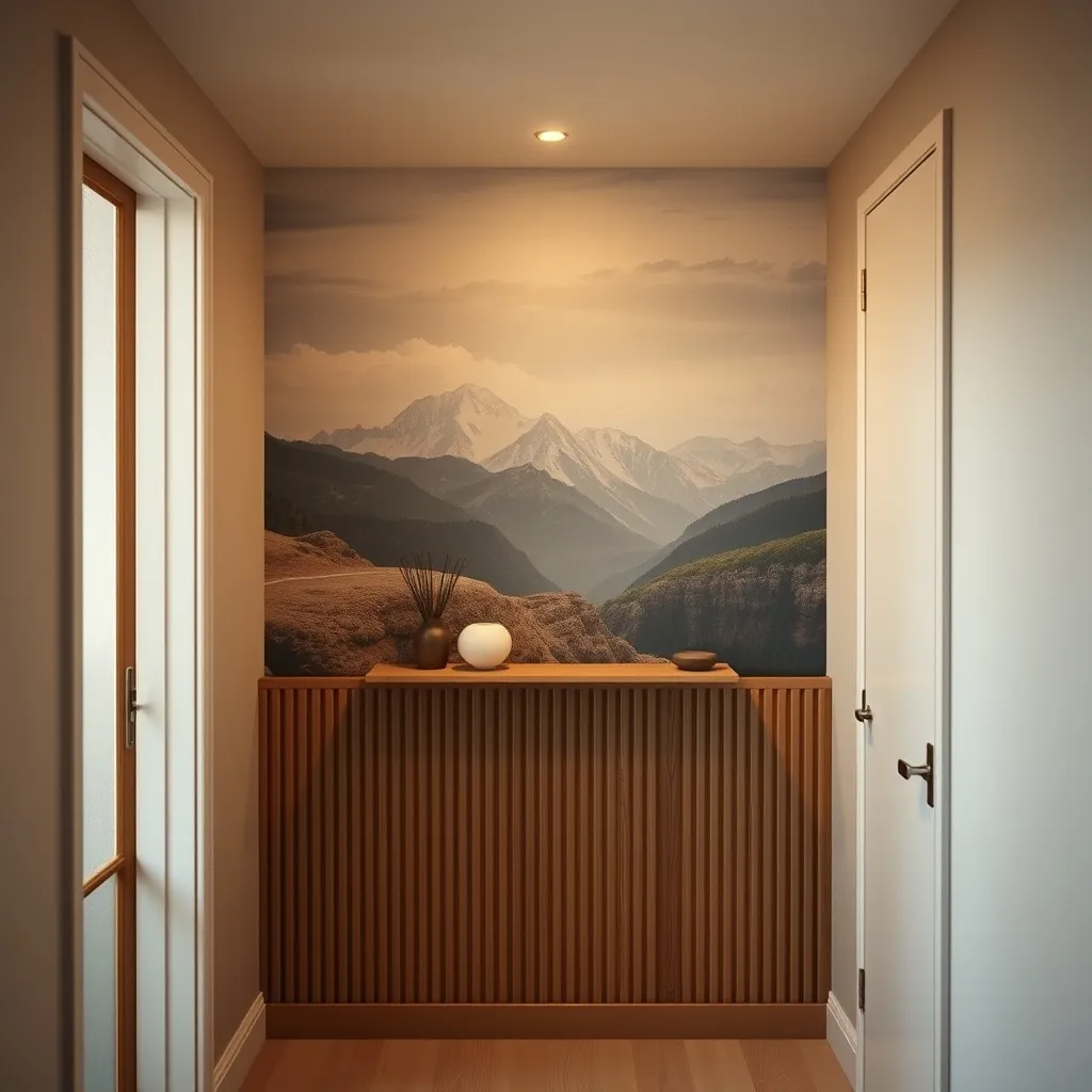 Papier peint panoramique et lambris tasseaux pour donner de la profondeur à un petit hall