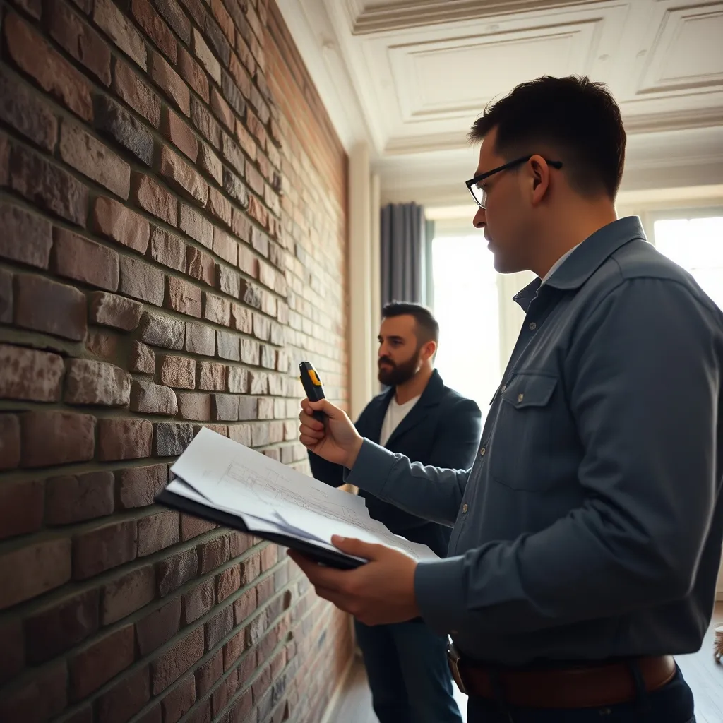 L'ingénieur structure relève les dimensions du mur avant de rédiger la note de calcul