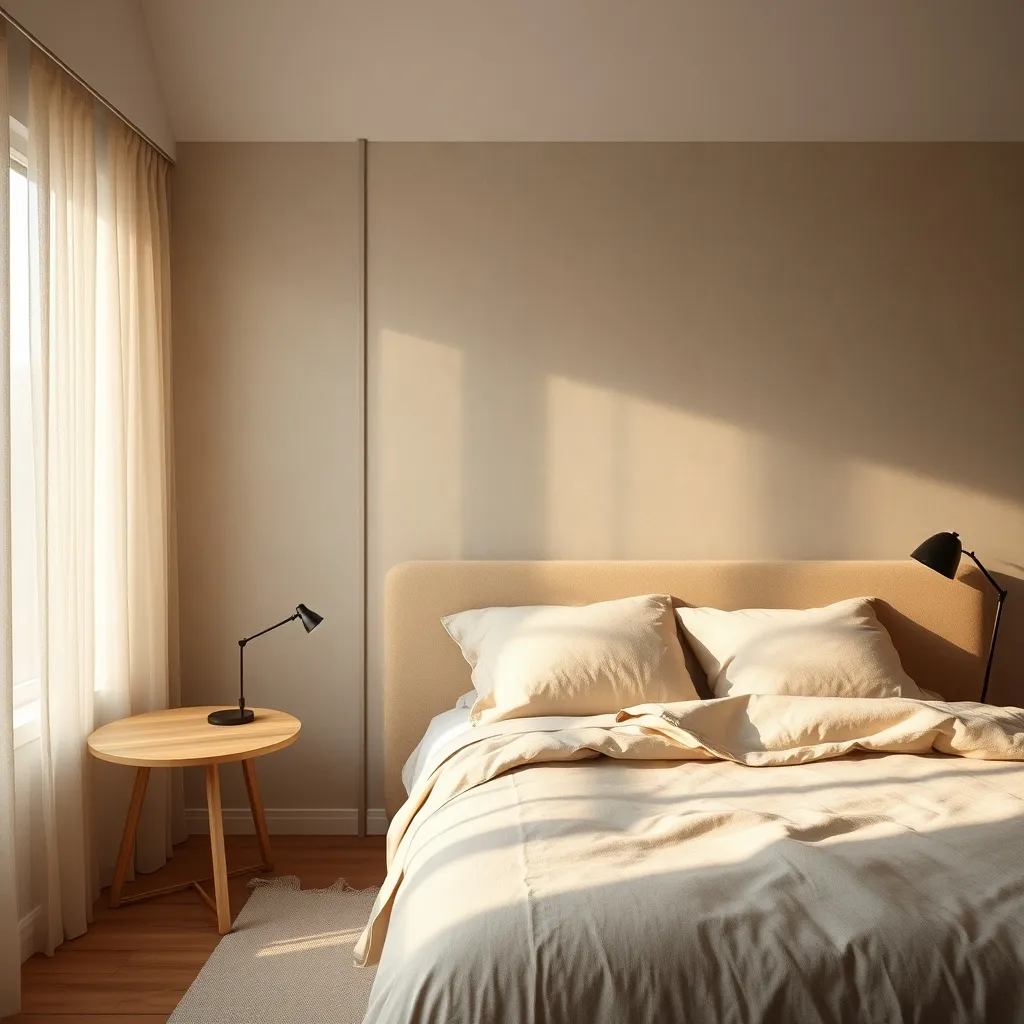Chambre parentale avec papier peint effet béton ciré beige derrière la tête de lit