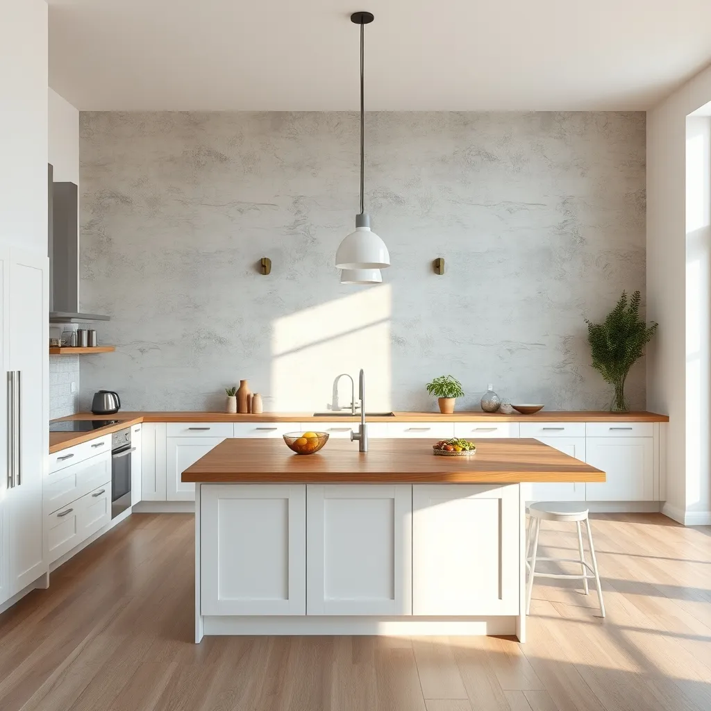 Cuisine ouverte avec papier peint effet béton ciré gris clair sur le mur du fond
