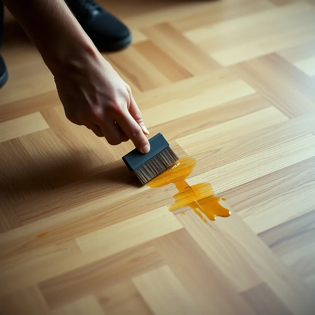 Application d'huile dure au spalter sur un parquet en point de Hongrie fraîchement poncé