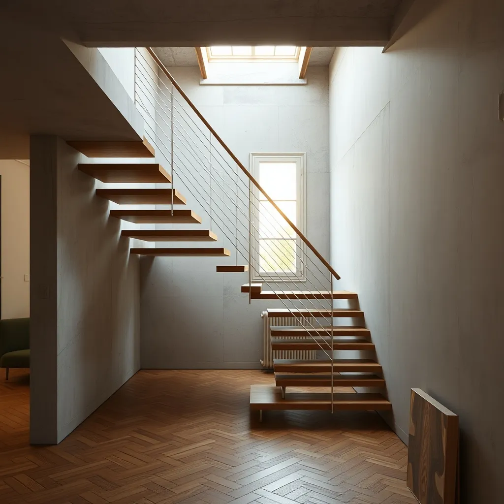 Escalier suspendu aux marches encastrées dans un mur porteur en béton, appartement parisien