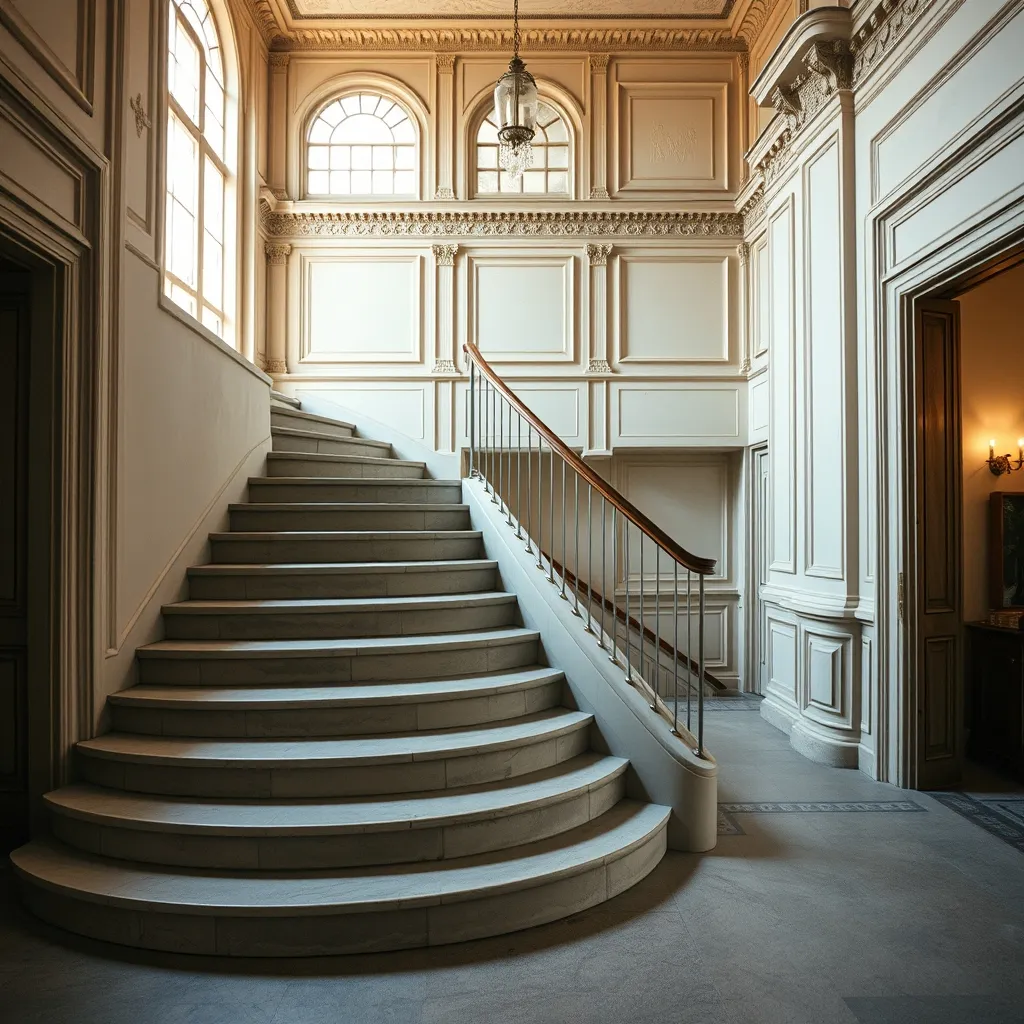Escalier quart tournant en béton brut avec nez de marche en laiton dans un intérieur haussmannien