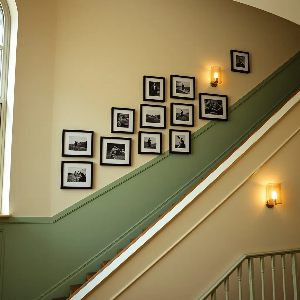 Mur galerie de cadres et peinture bicolore vert sauge dans une montée d'escalier décorée