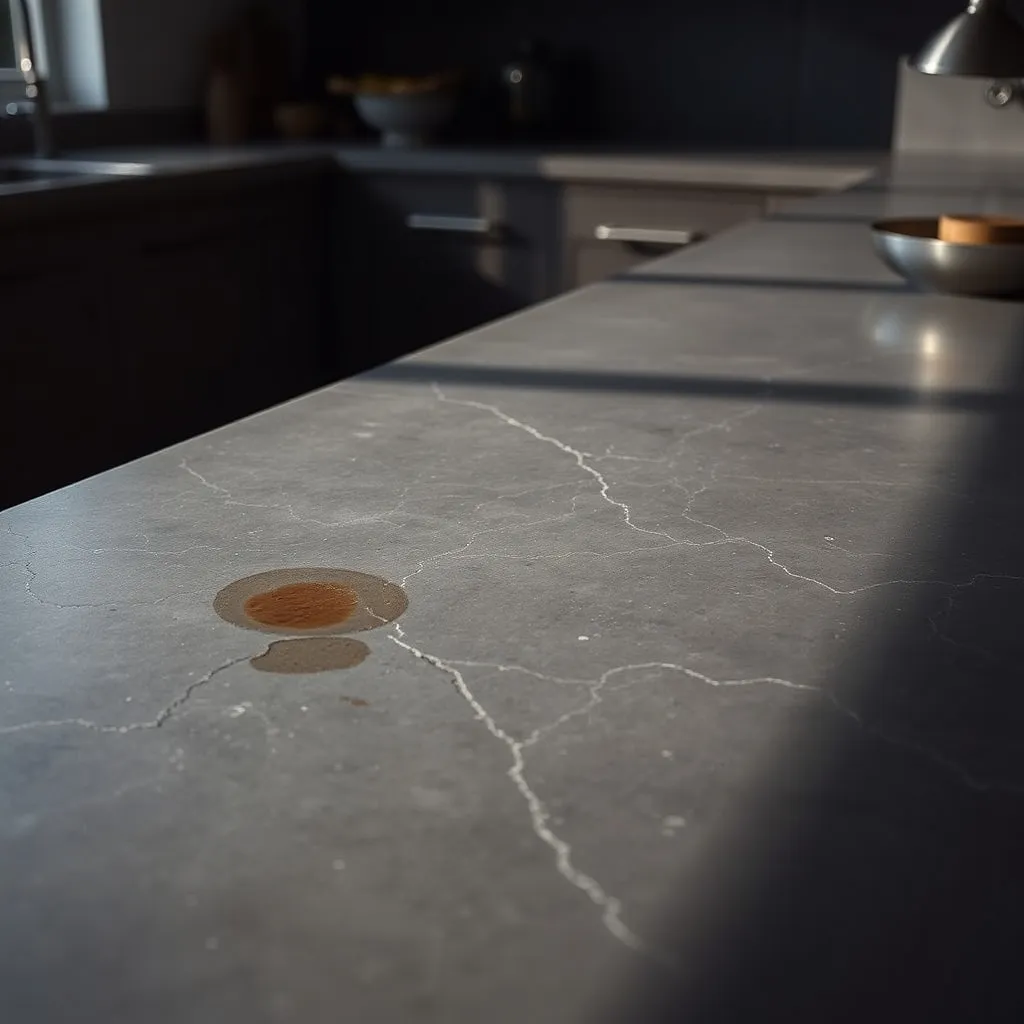 Micro-fissures et auréole de chaleur sur un plan béton ciré après deux ans d'utilisation