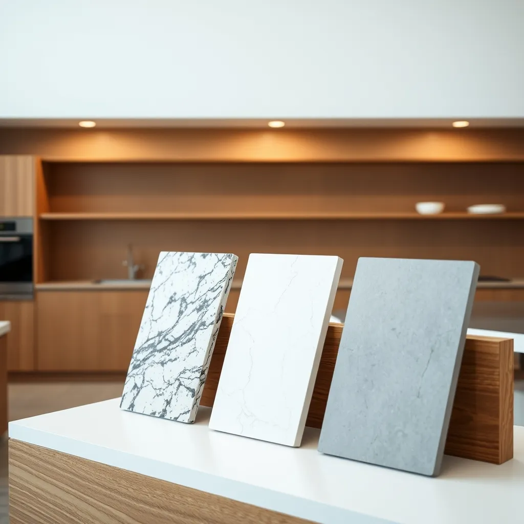 Comparatif des matériaux : granit, quartz et béton ciré côte à côte en showroom