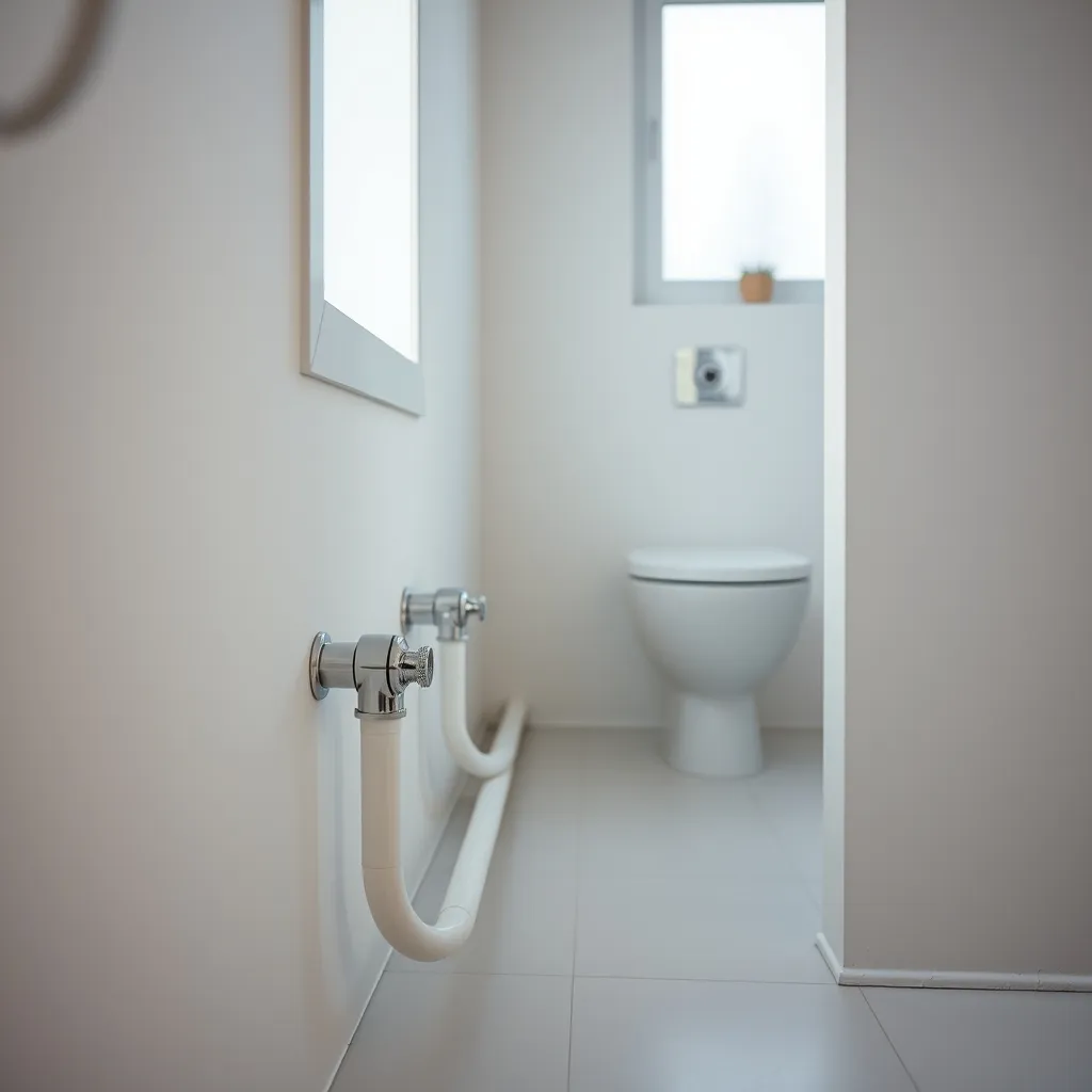Passage en apparent de tubes multicouches avec fixations chromées dans une salle de bain rénovée