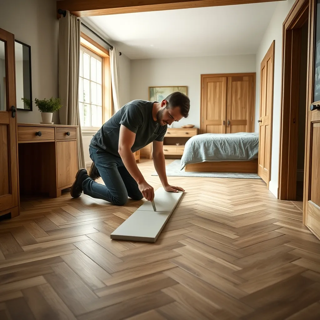 Pose en chevron d'un carrelage imitation parquet dans une chambre contemporaine
