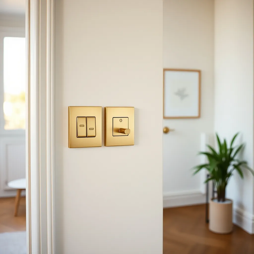 Appareillage électrique en laiton brossé dans un intérieur rénové avec soin