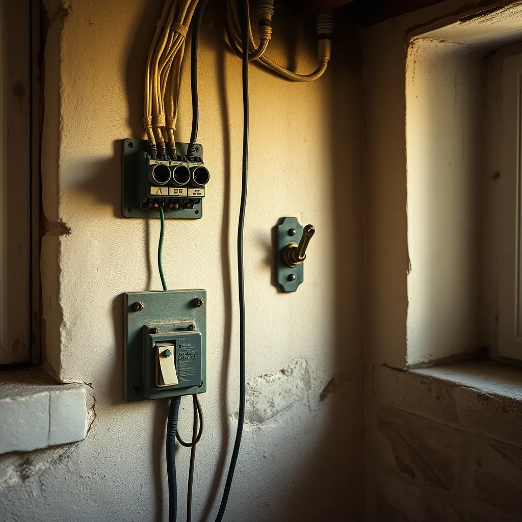 Une installation électrique vétuste avec fusibles céramique et câblage textile dans une maison ancienne