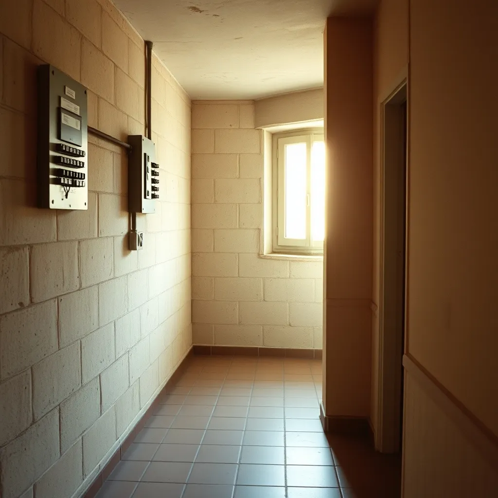 Intérieur typique d'une maison année 70 avant rénovation : murs en parpaing, tableau électrique à fusibles et carrelage d'époque