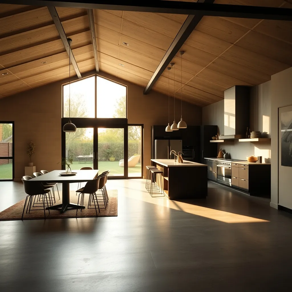 Après rénovation : cuisine ouverte sur séjour avec poutre IPN apparente et sol en béton ciré