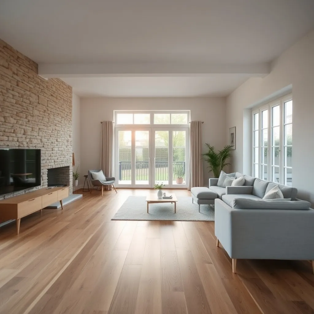 Séjour ouvert après rénovation complète d'une maison à Chantenay avec mur en pierre apparente