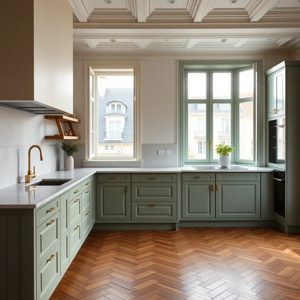 Cuisine rénovée dans un appartement haussmannien : moulures d'origine conservées et matériaux contemporains