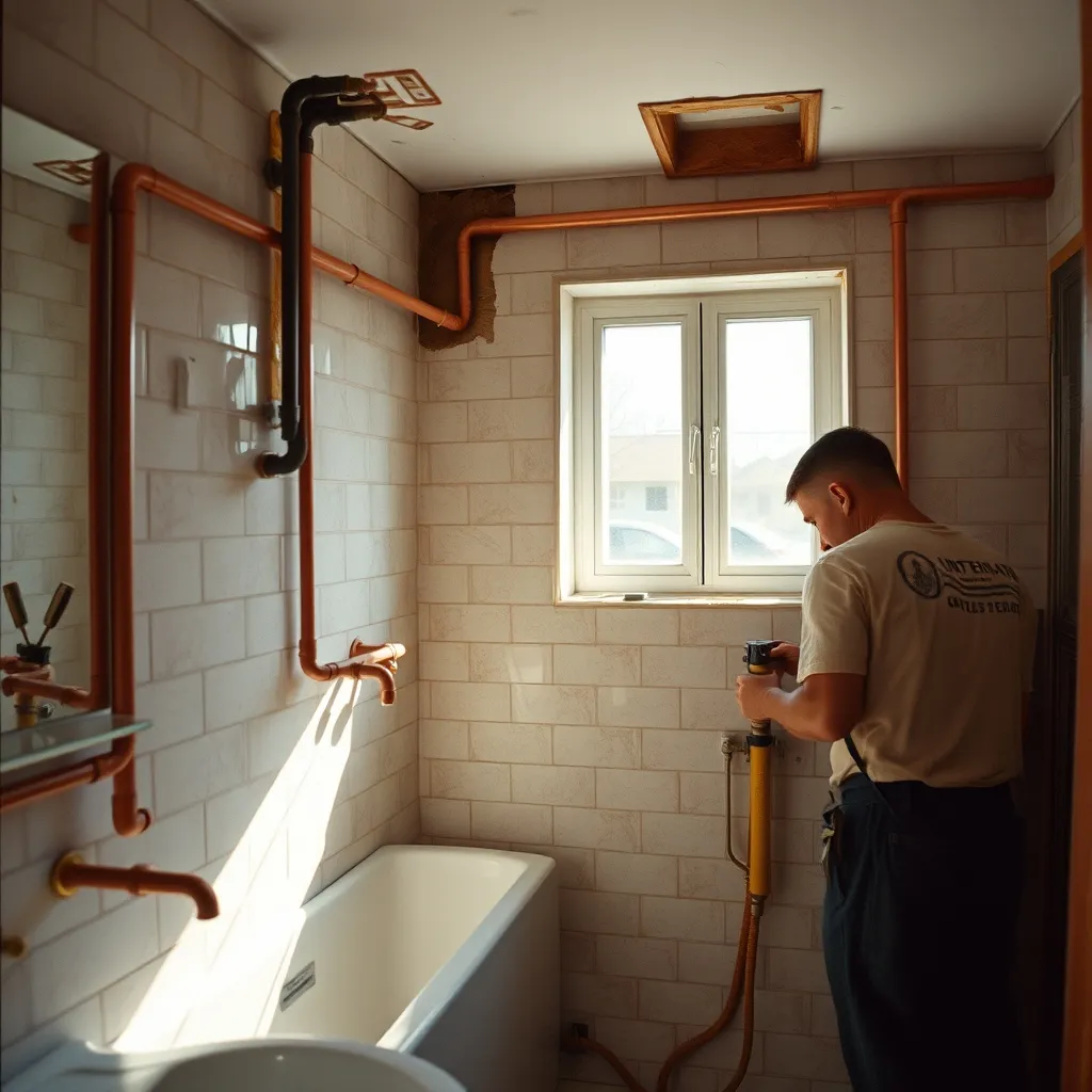 Chantier de salle de bain en cours : plomberie et carrelage en phase de pose