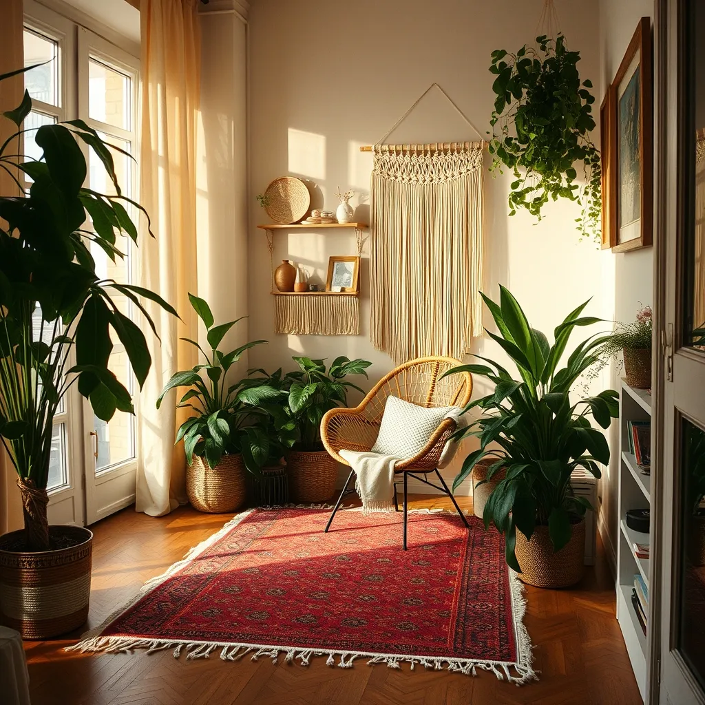 Une ambiance bohème chaleureuse créée par l'accumulation maîtrisée de textiles et de plantes vertes