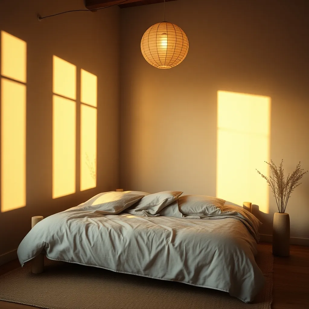 Chambre japandi épurée : lit bas en bois, lin lavé et suspension en papier washi