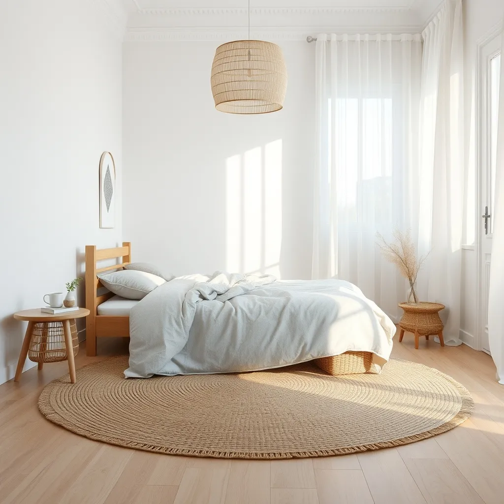 Chambre scandinave épurée avec lit en bouleau, linge en lin gris et suspension en papier