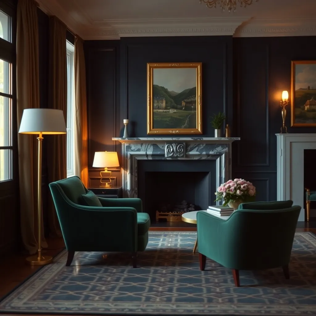 Salon Art déco avec fauteuil en velours émeraude, cheminée en marbre et accents dorés