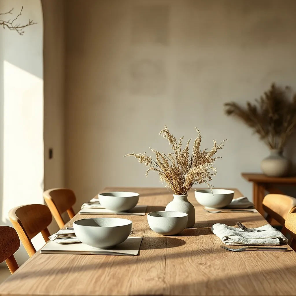 Salle à manger wabi-sabi avec murs en enduit à la chaux et céramiques artisanales en grès
