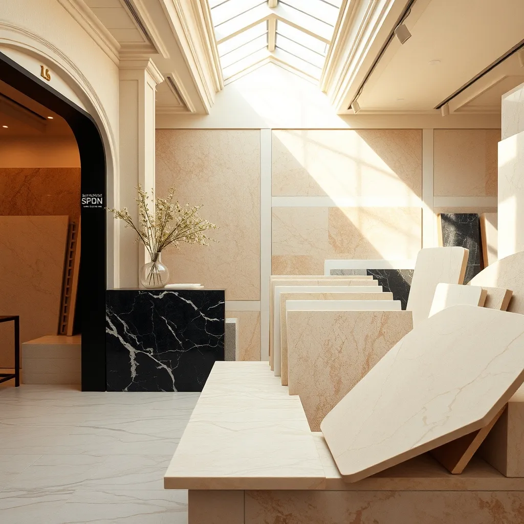 Échantillons de travertin et terrazzo chez un marbrier parisien