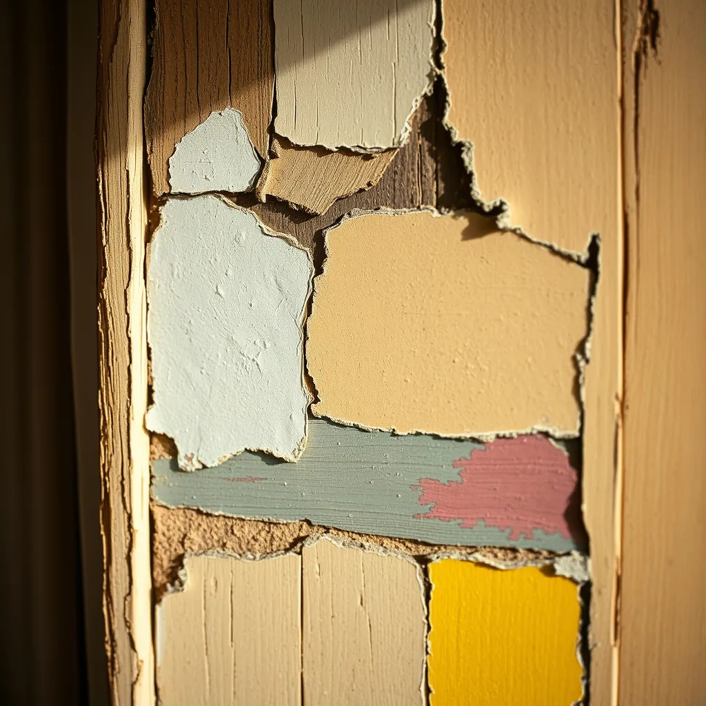 Peintures anciennes écaillées sur une huisserie d'avant 1949 révélant plusieurs couches potentiellement plombifères