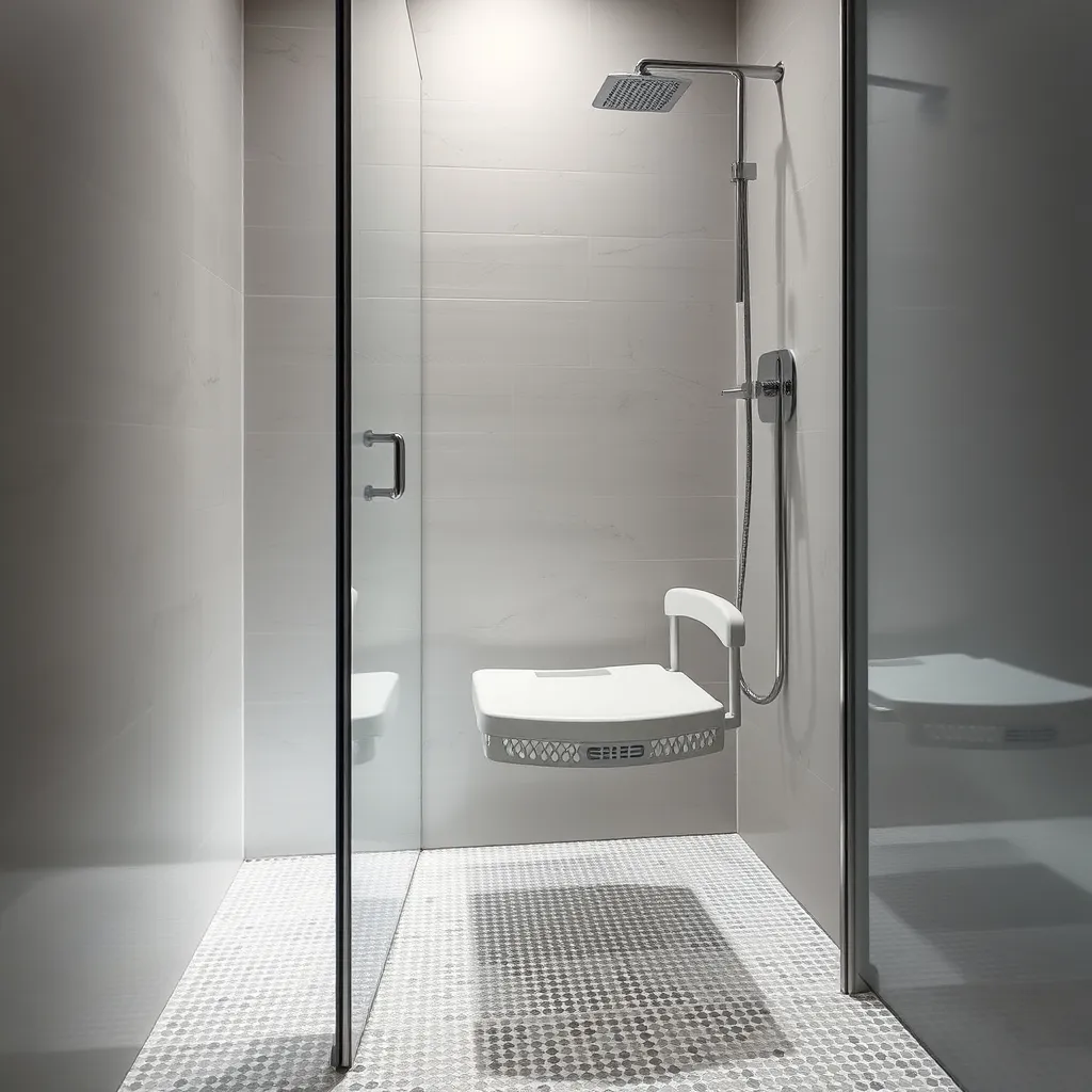 Siège de douche rabattable et mitigeur thermostatique positionné à 100 cm du sol pour un accès en position assise