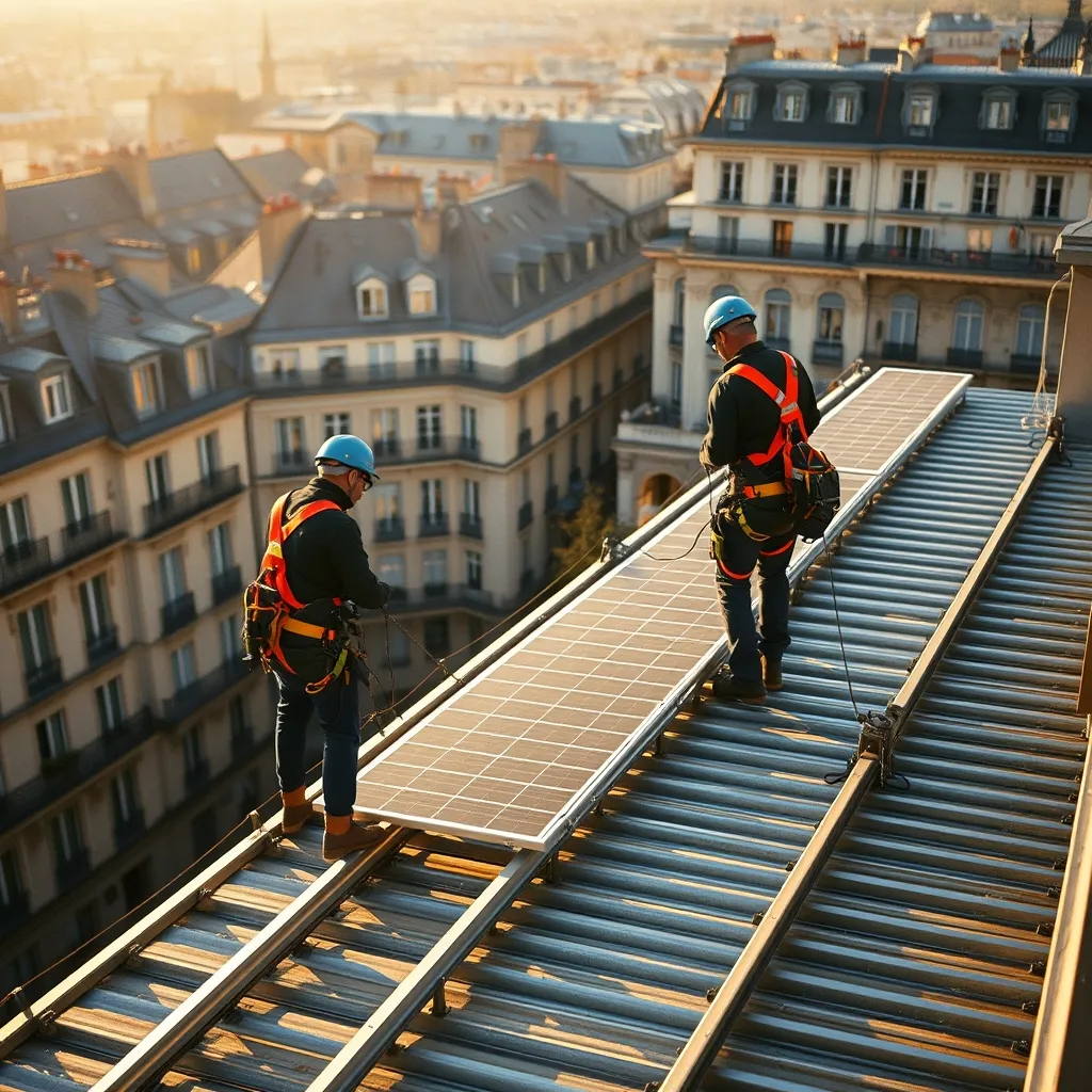 Installation de rails de fixation pour panneaux solaires sur une toiture parisienne en zinc